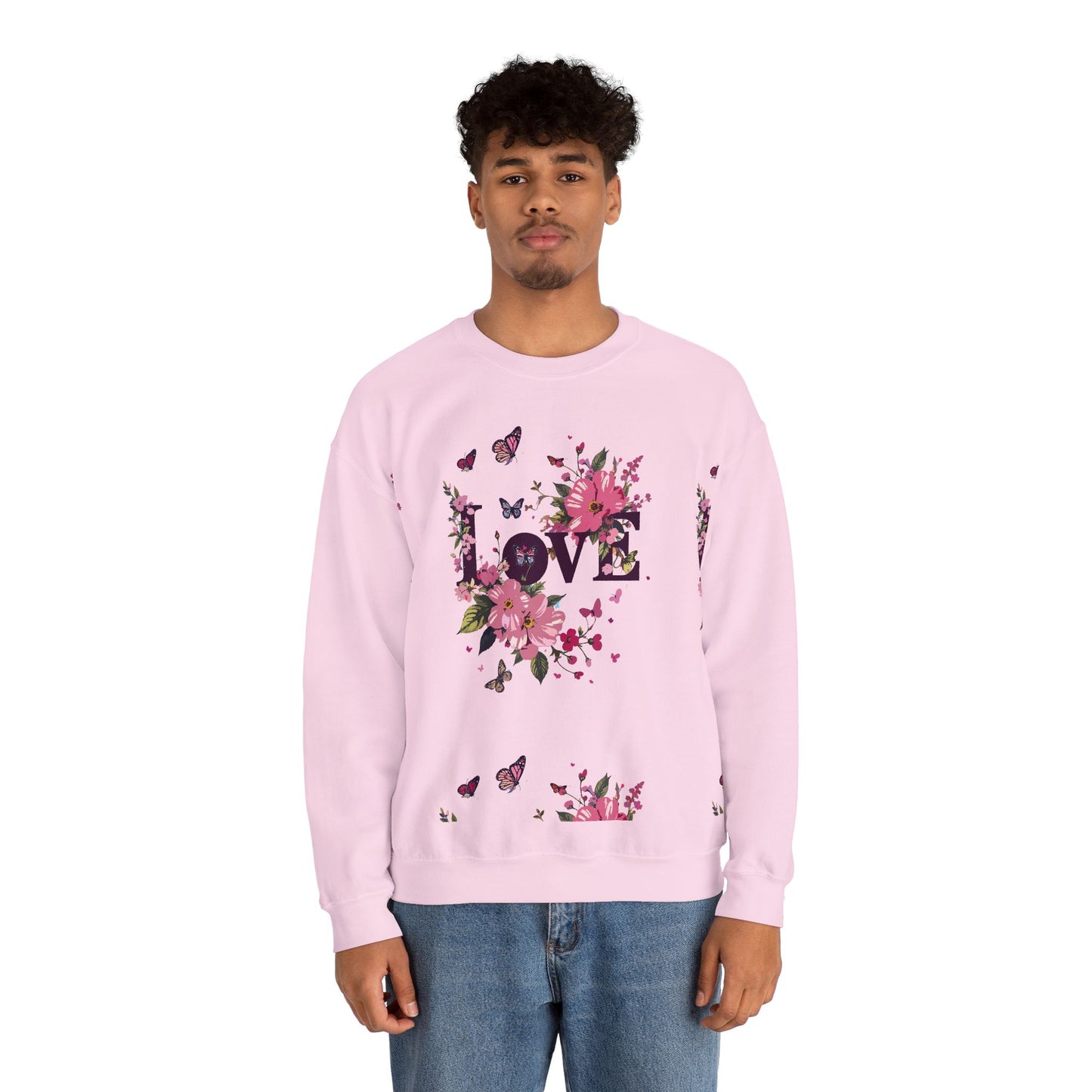 Unisex Floral Love Sweatshirt, Love Floral Sweatshirt, Floral Butterfly Sweatshirt, 50/50 Cotton-Poly Valentine's Day Sweatshirt 05