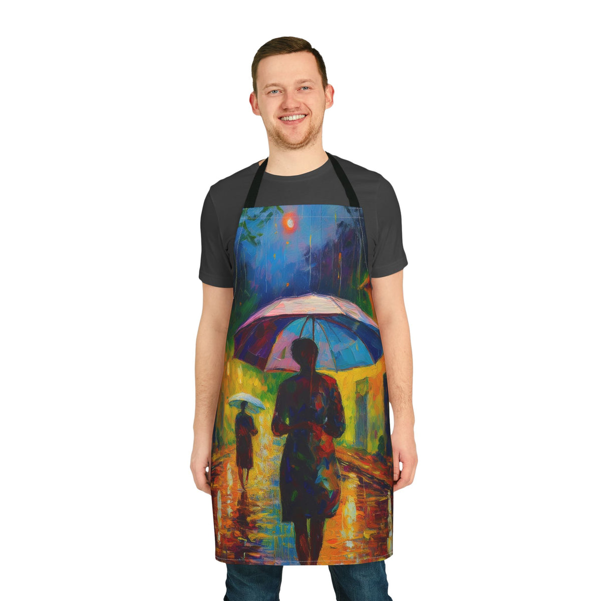 Colorful Rainy Night Apron — Impressionist Umbrella Kitchen Apron Stain-Resistant - Art Print Canvas Apron