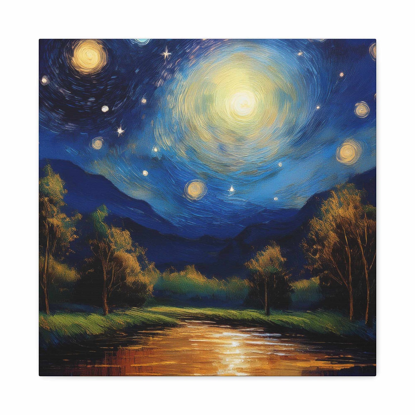 Starry Night Print Canvas, Oil Paint Print 20x20, 24x24, 30x30, 32x32, 36x36 Art Design Print Pine-Wood Inner Frame MC-38