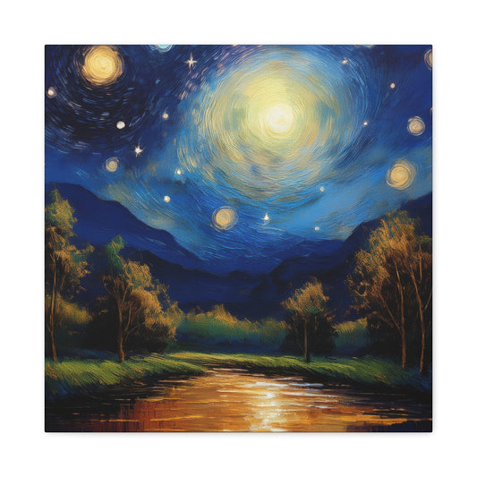 Starry Night Print Canvas, Oil Paint Print 20x20, 24x24, 30x30, 32x32, 36x36 Art Design Print Pine-Wood Inner Frame MC-38