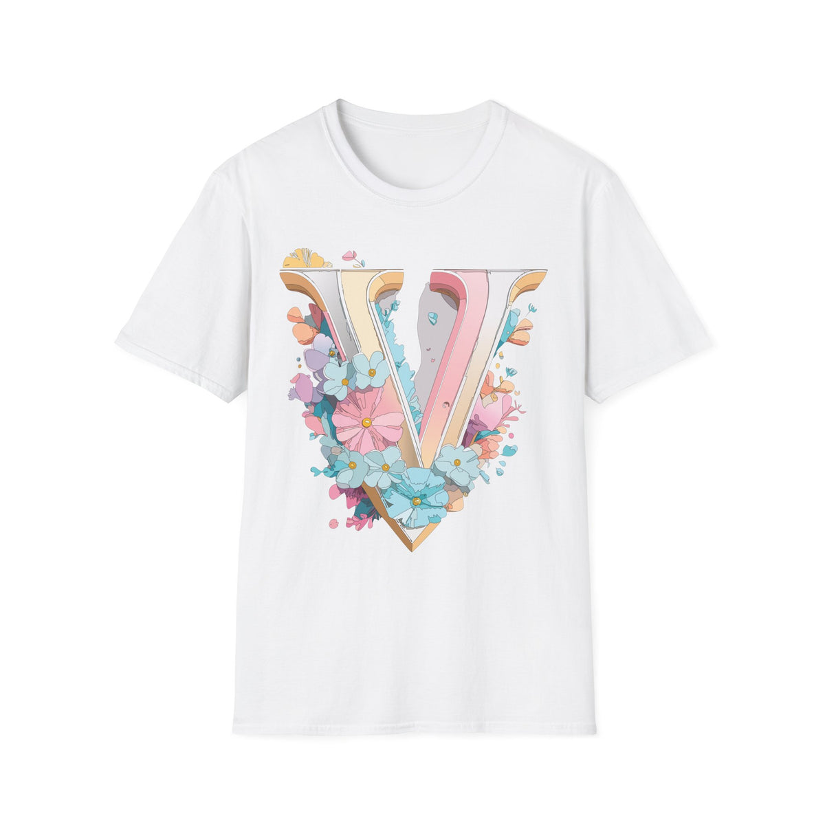 Floral Letter V T-Shirt | Pastel Vintage Monogram Tee