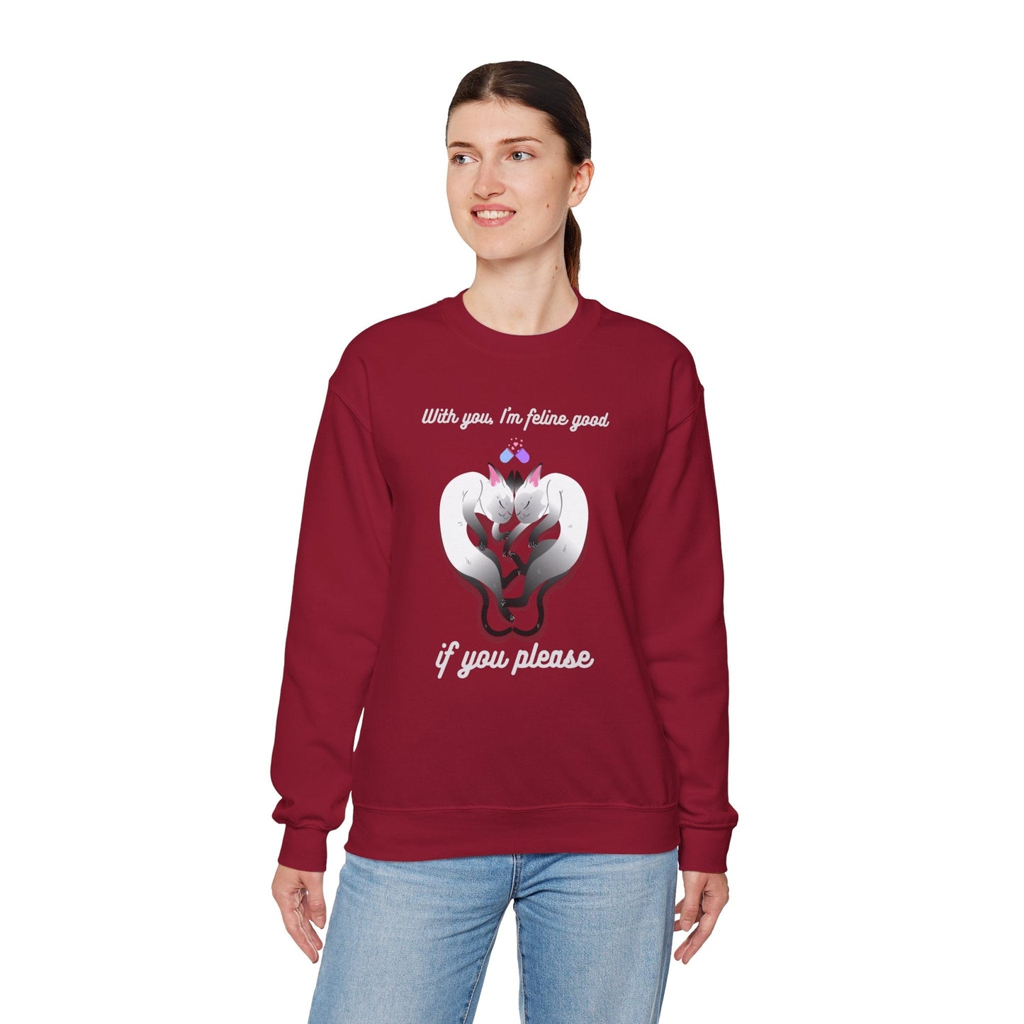 Double Cat Heart Sweatshirt Unisex Fifty Fifty Cotton Poly Valentines Day Sweatshirt