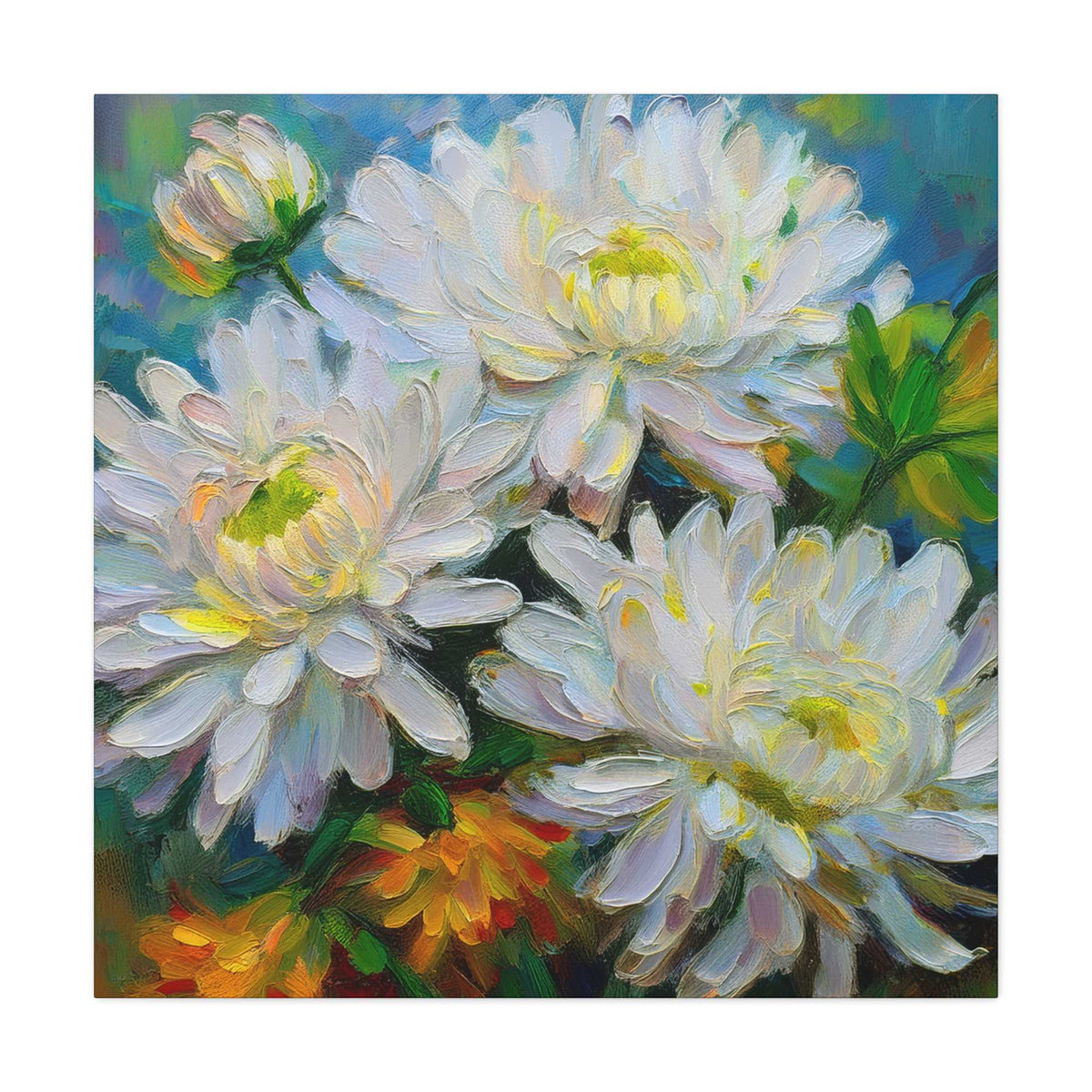 Chrysanthemums Print Canvas, Floral Oil Paint Print 20x20, 24x24, 30x30, 32x32, 36x36 Art Design Pine-Wood Inner Frame MC-161