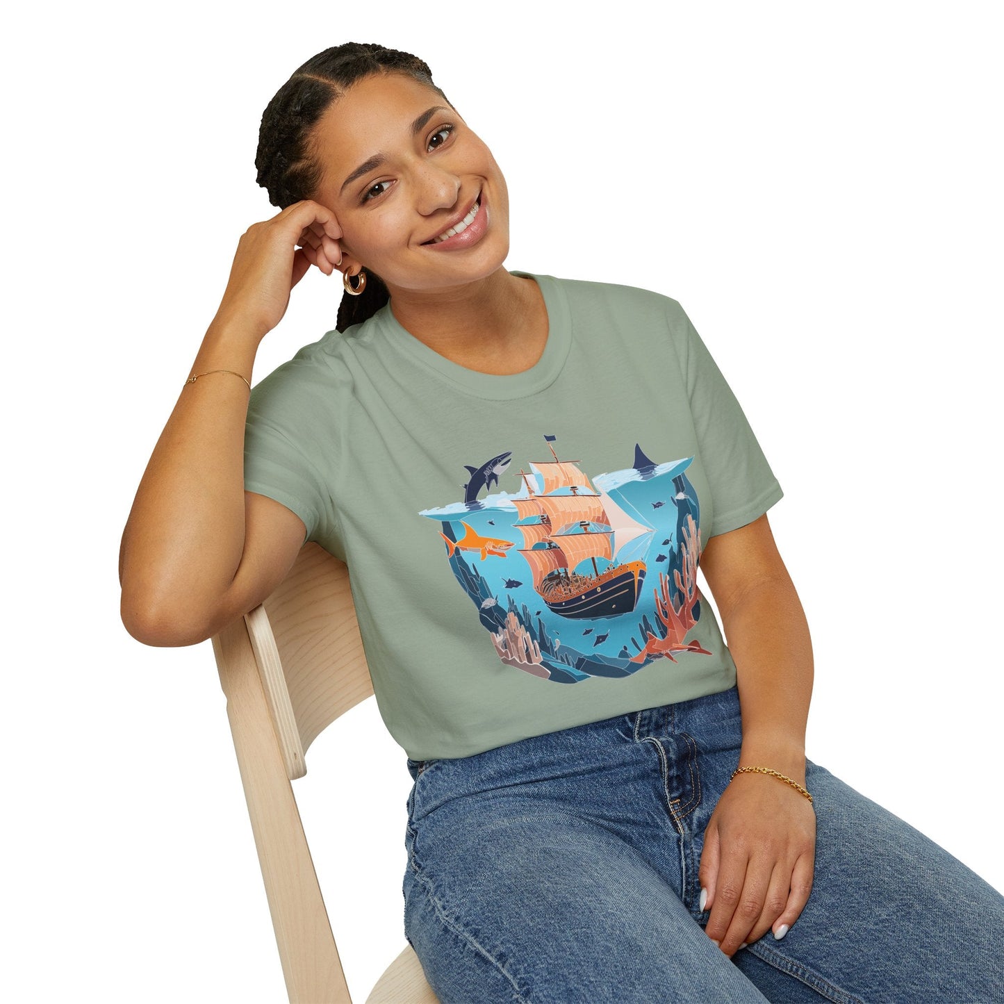 Ocean Tee Shirt Unisex Softstyle 64000 U Boat Design 100 Percent Ring Spun Cotton Tee