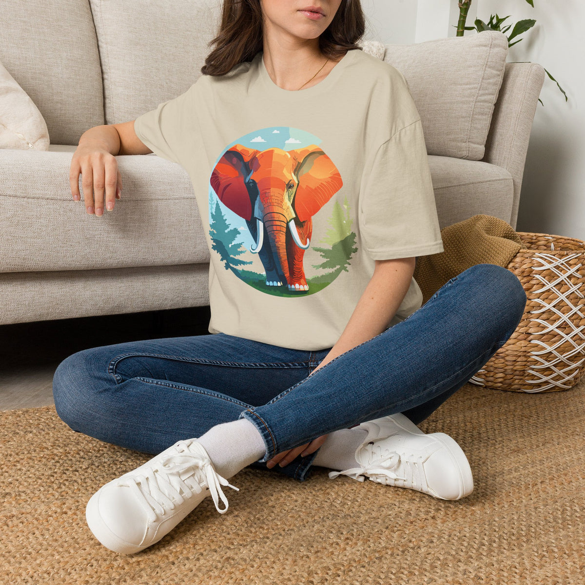 Colorful Elephant Illustration T-Shirt | Vibrant Wildlife Circle Art