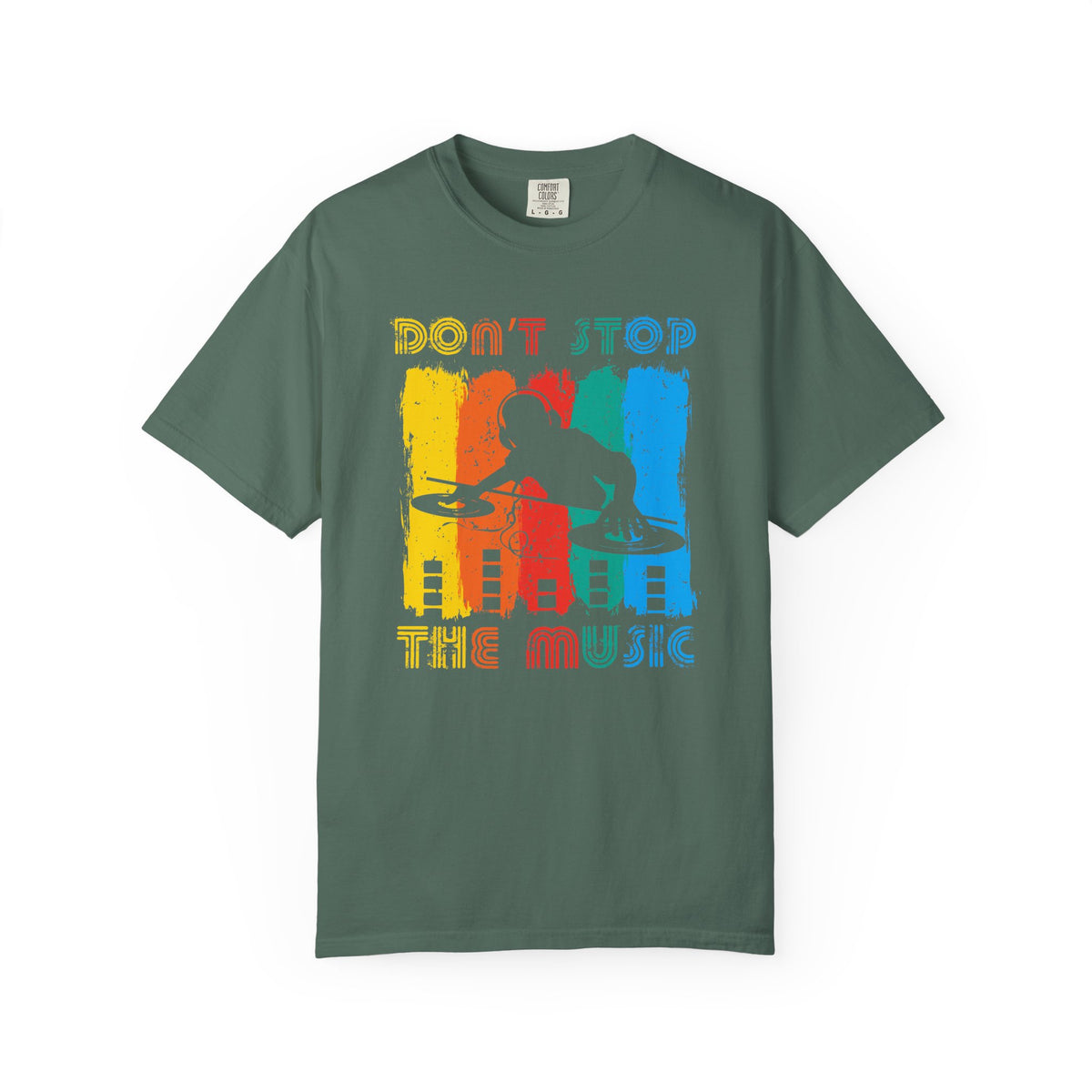 Don t Stop the Music DJ Silhouette T-Shirt Retro Rainbow Turntables Unisex Cotton Tee 014