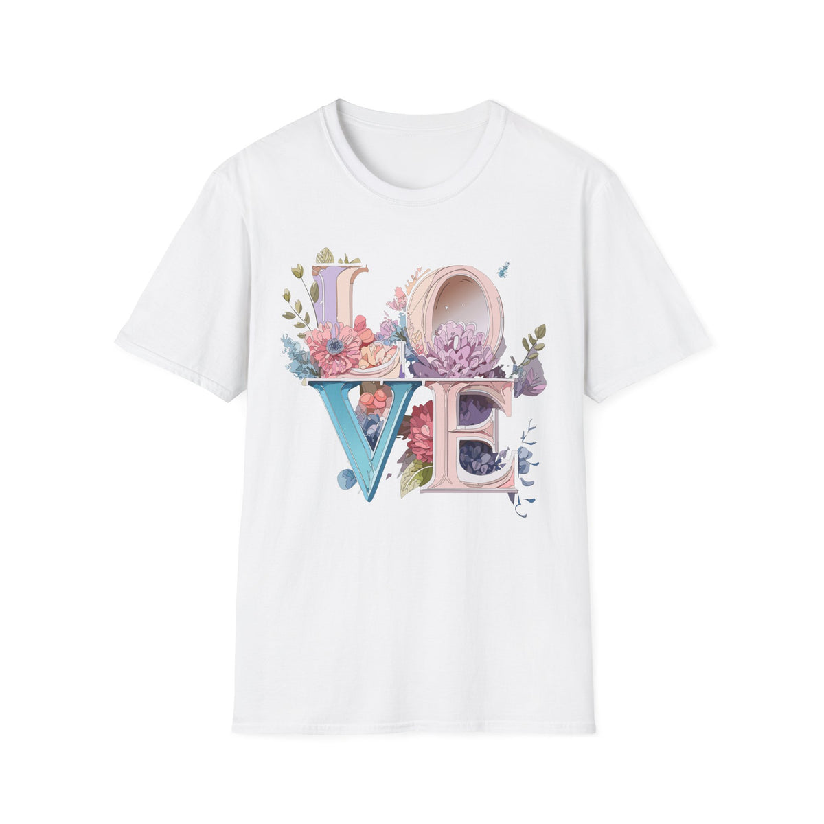 Floral LOVE Typography T-Shirt | Botanical Letter Art, Pastel Bloom Design
