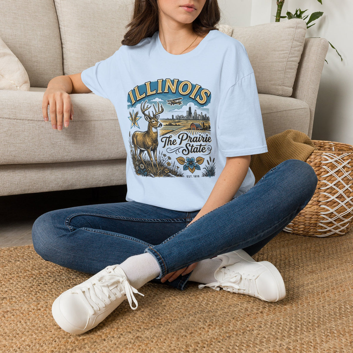Illinois The Prairie State T-Shirt — Deer & Skyline Vintage Travel Tourist Graphic Tee Unisex 100 Cotton Gildan T-Shirt