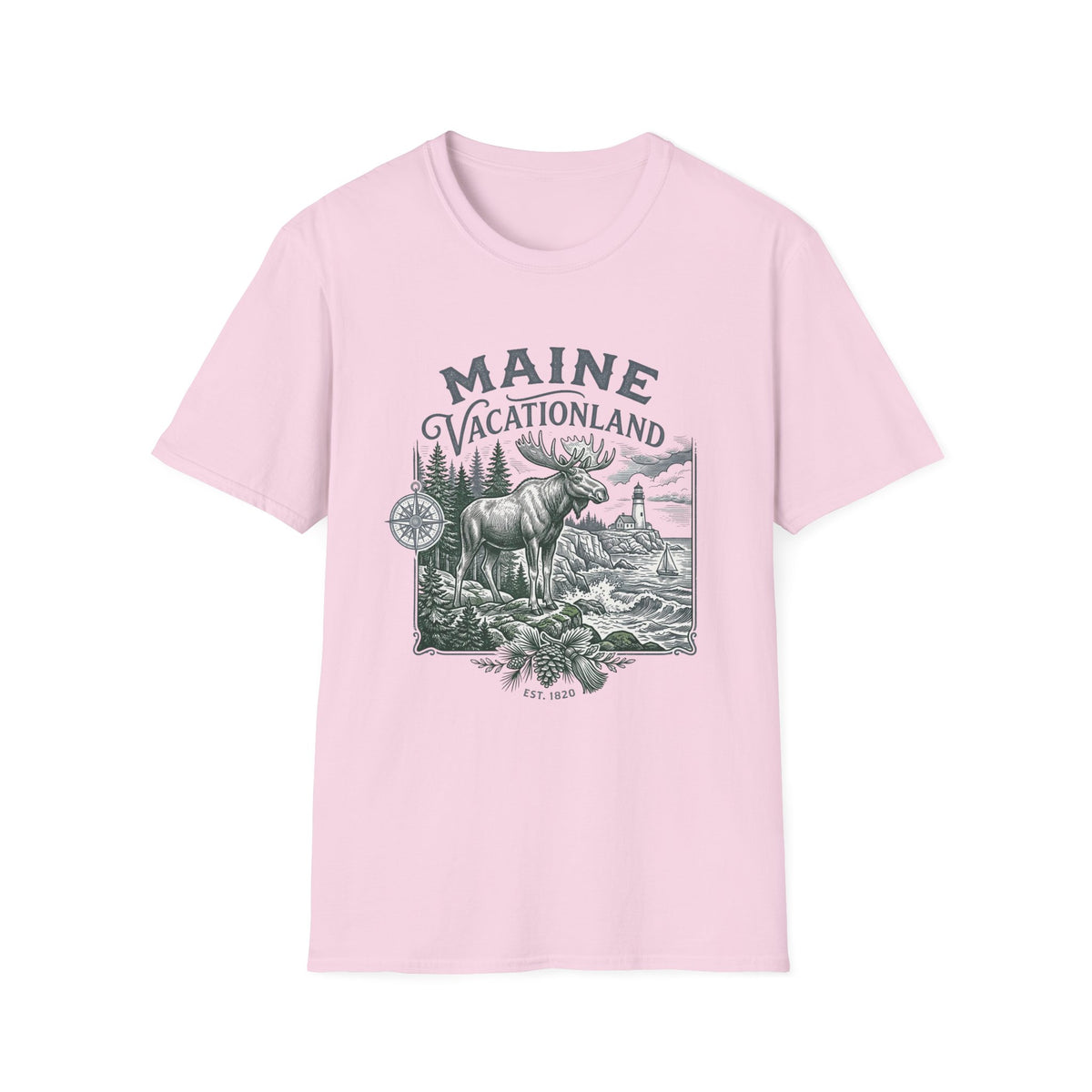 Maine Vacationland T-Shirt – Vintage Moose, Lighthouse State Travel Travel Tourist Graphic Design Unisex 100 Cotton Gildan T-Shirt