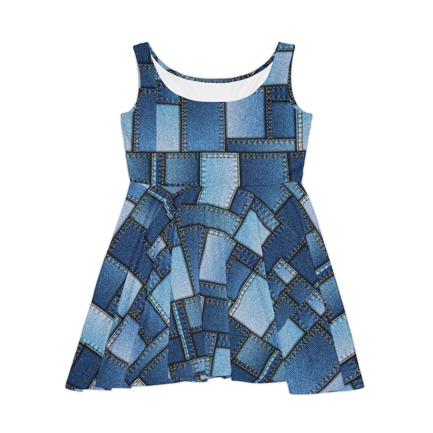 Women Denim Print Skater Dress, Denim Print Poly-Span Dress -1