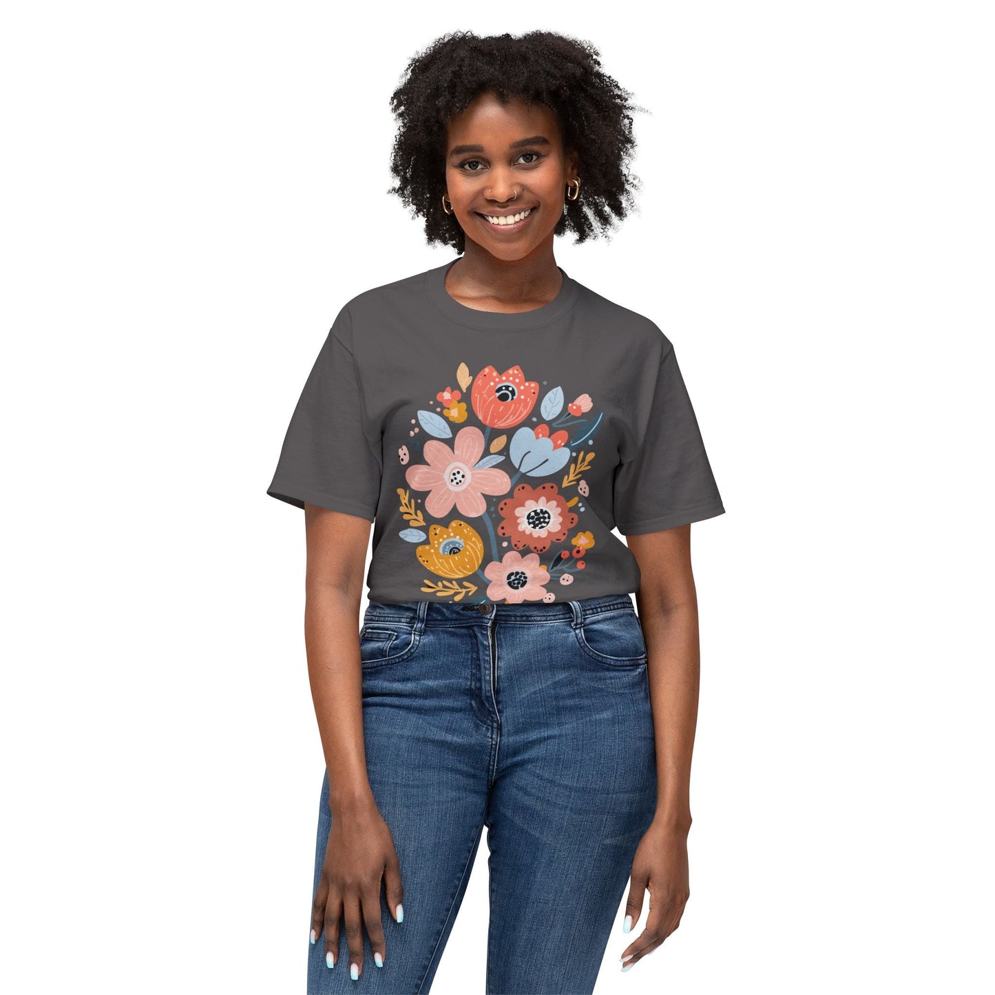 Unisex Floral Art T Shirt with Vintage Flowers Print One Hundred Percent Cotton Tee Printed In USA