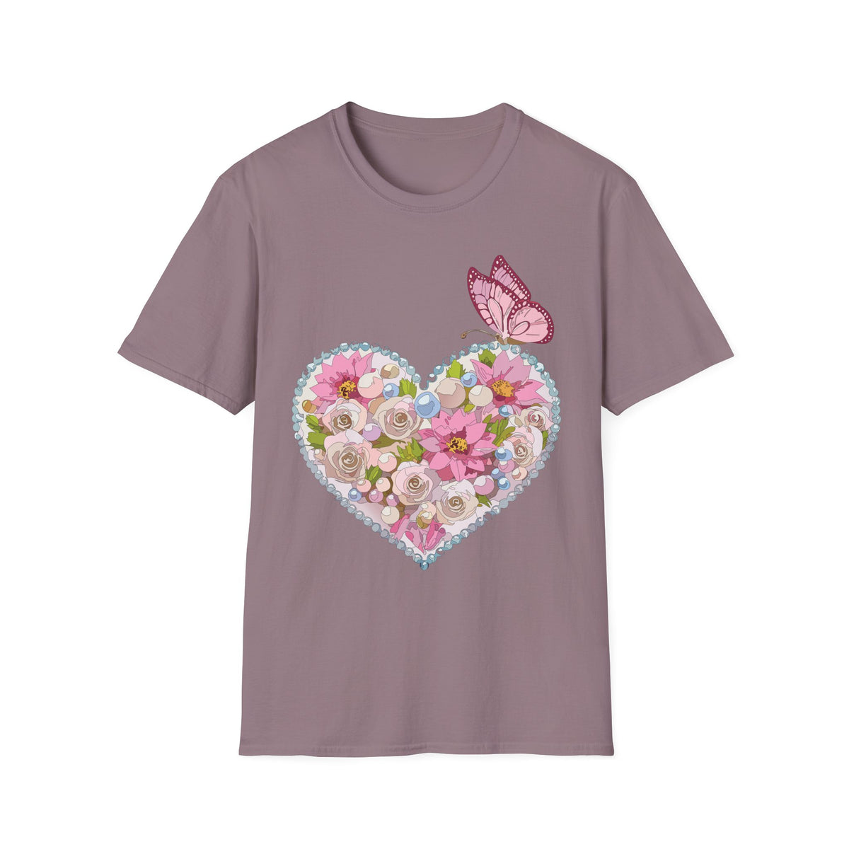 Floral Heart with Butterfly T-Shirt | Pink Flower Heart Graphic Tee Unisex 100 Cotton Gildan T-Shirt