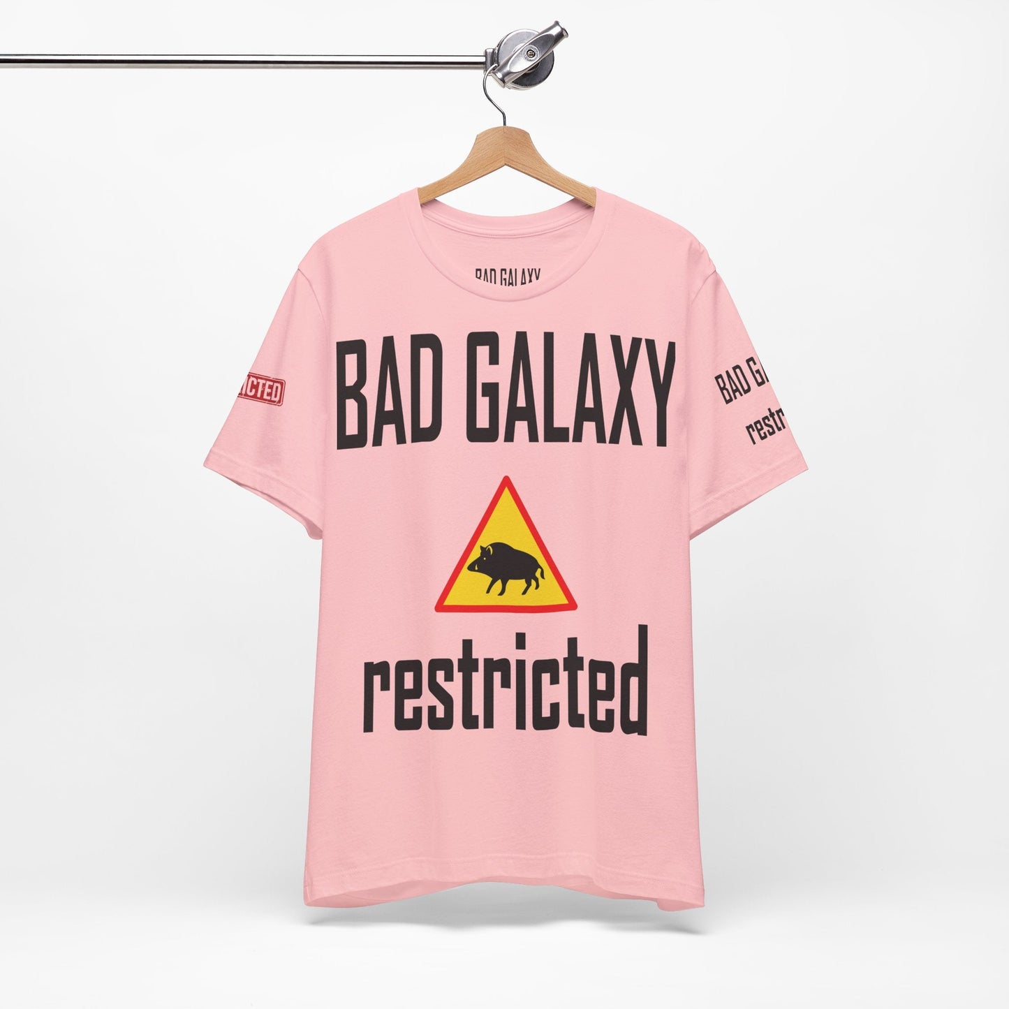 Tee Shirt With Red Stamp Designed And Printed In The USA By Bad Galaxy 100 Percent Cotton