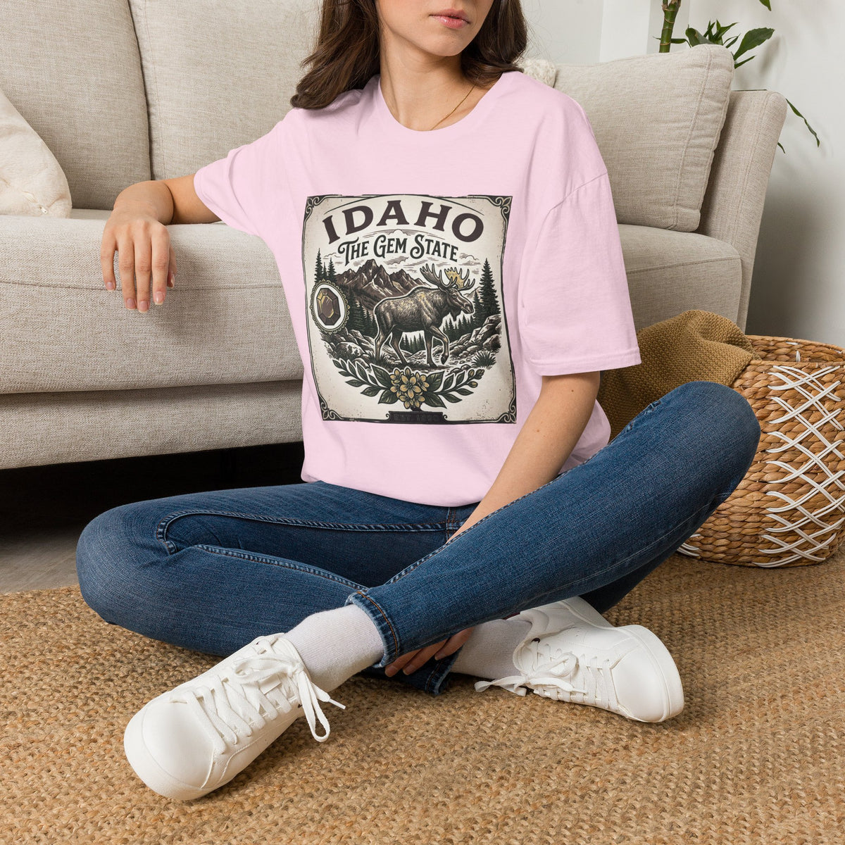 Idaho The Gem State Vintage Moose Travel Tourist Graphic Design Unisex 100 Cotton Gildan T-Shirt