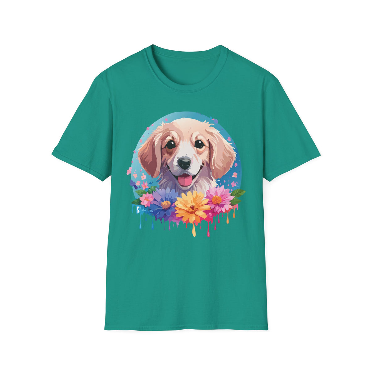 Happy Golden Retriever Portrait T-Shirt | Colorful Floral Dog Illustration