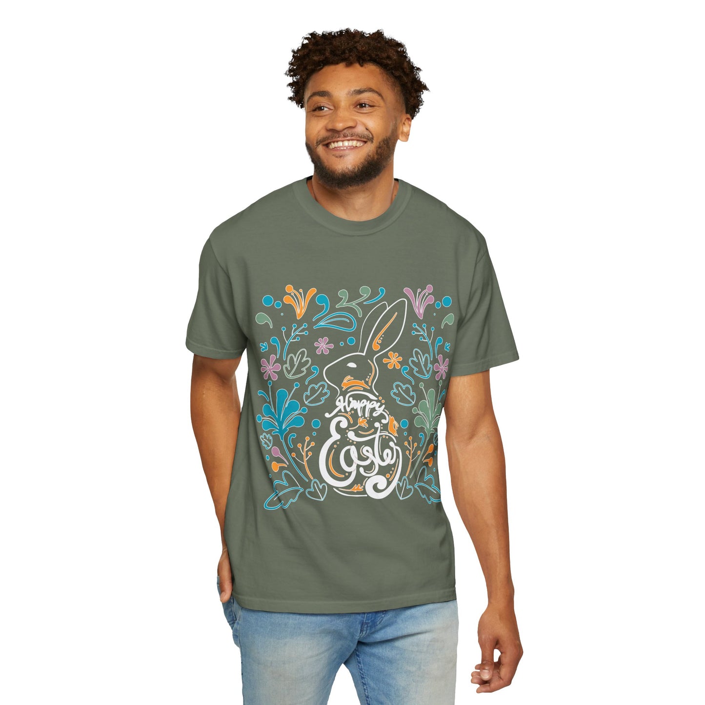 Easter Bunny Floral T-Shirt, Tee Shirt with Easter Signature, T Shirt with Easter Prints, Tee Shirt with Easter Design