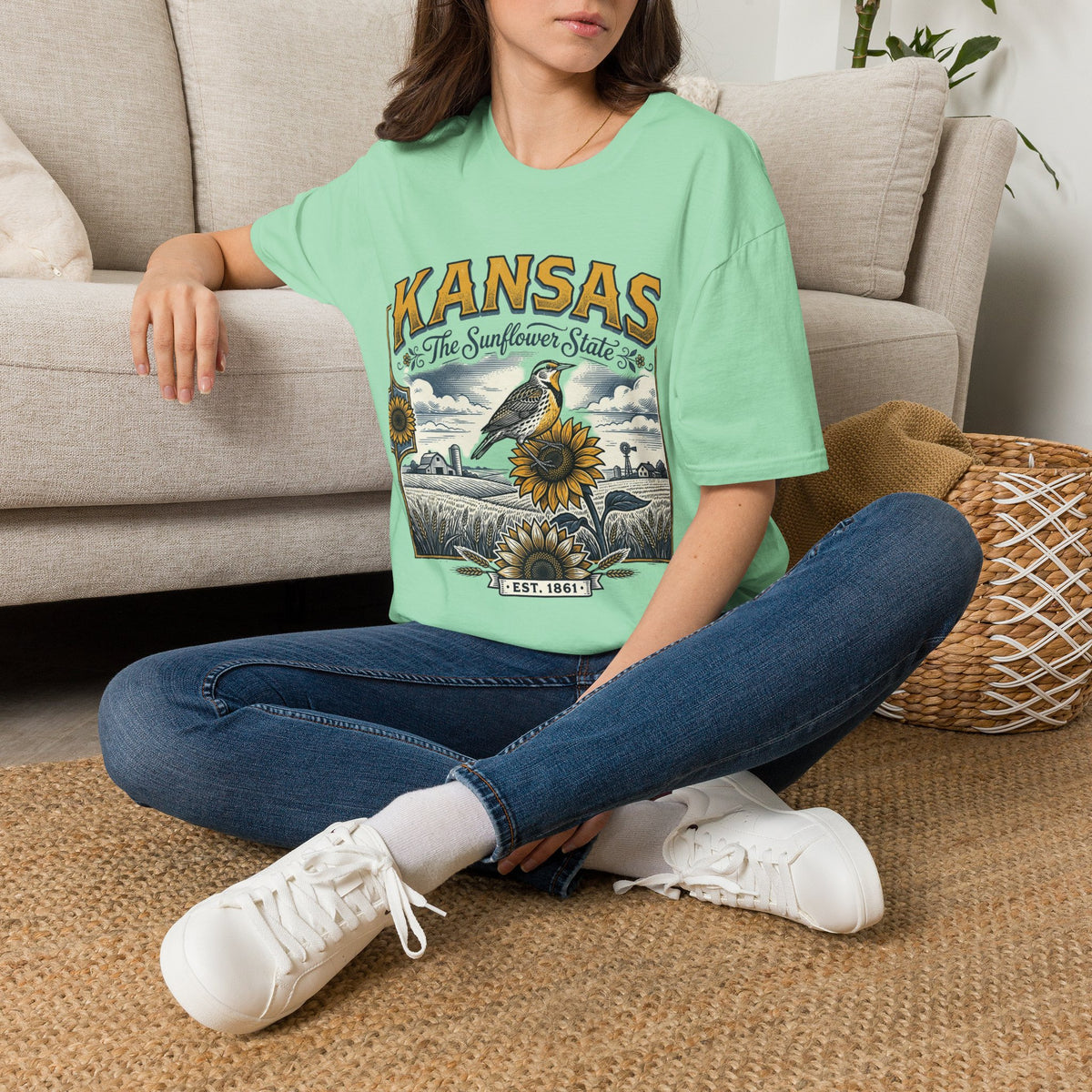 Kansas The Sunflower State T-Shirt | Vintage Meadow Bird Sunflower Design