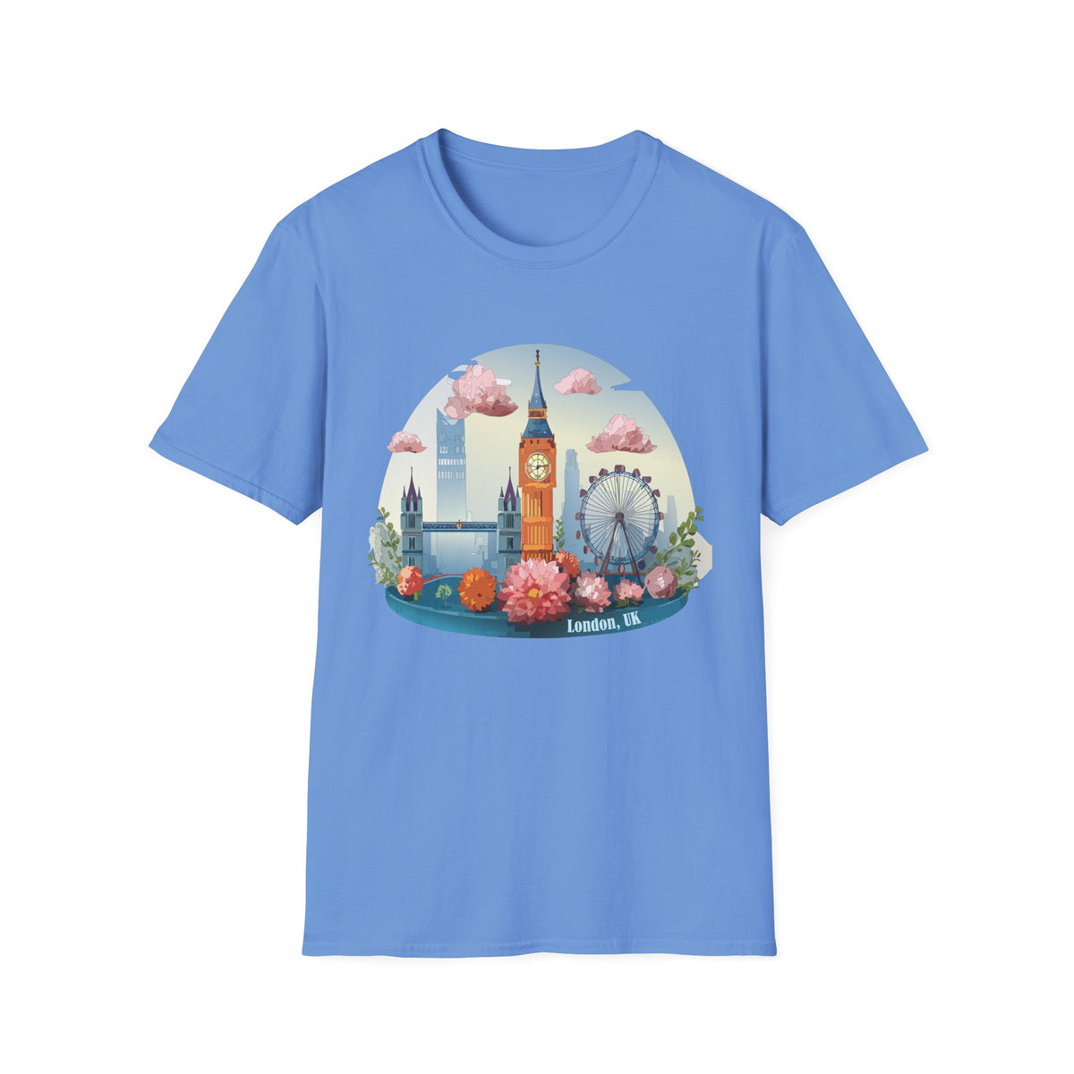 Whimsical London Skyline T-Shirt | Big Ben, London Eye, pastel clouds