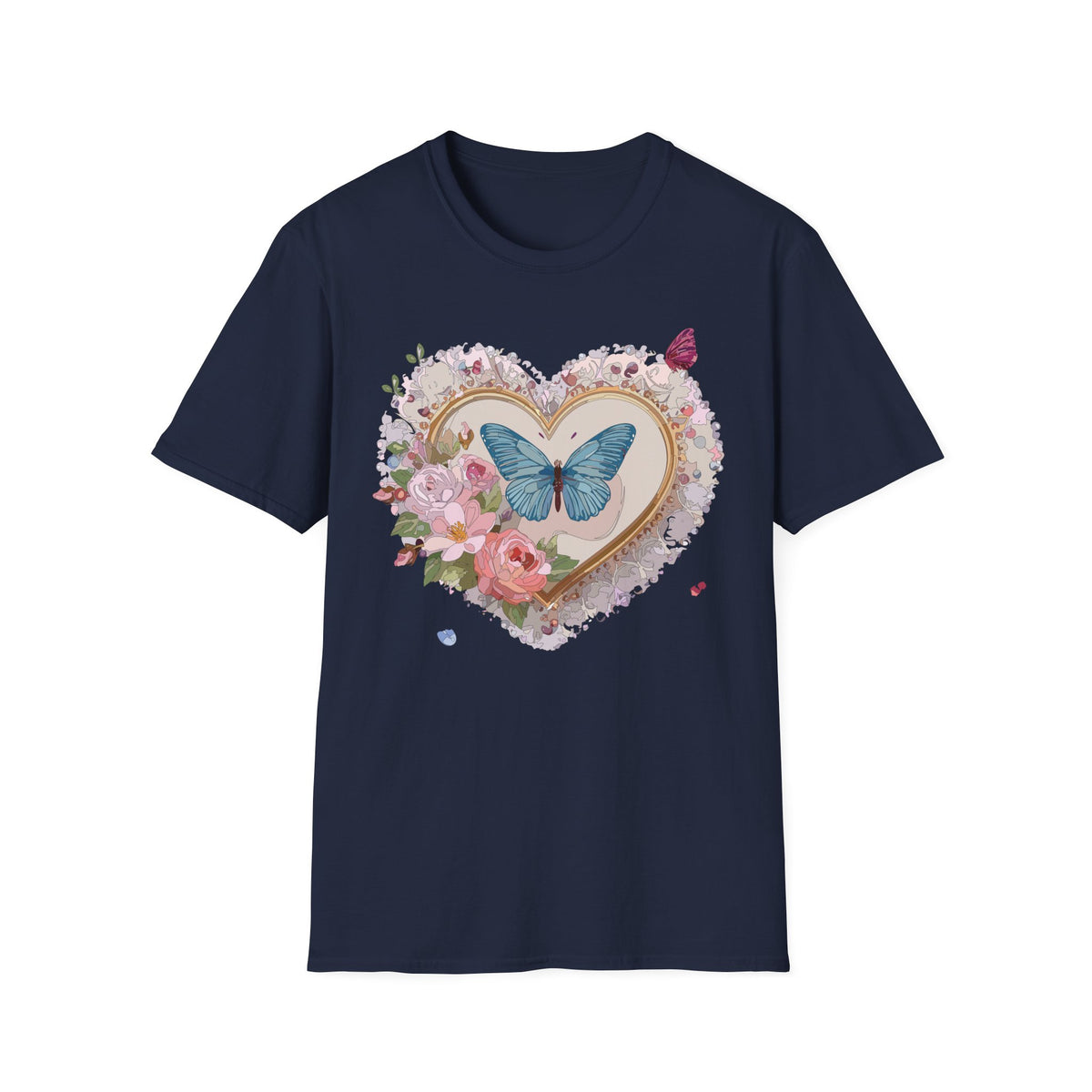 Butterfly Heart T-Shirt — Floral Blue Butterfly Graphic Tee Unisex 100 Cotton Gildan T-Shirt