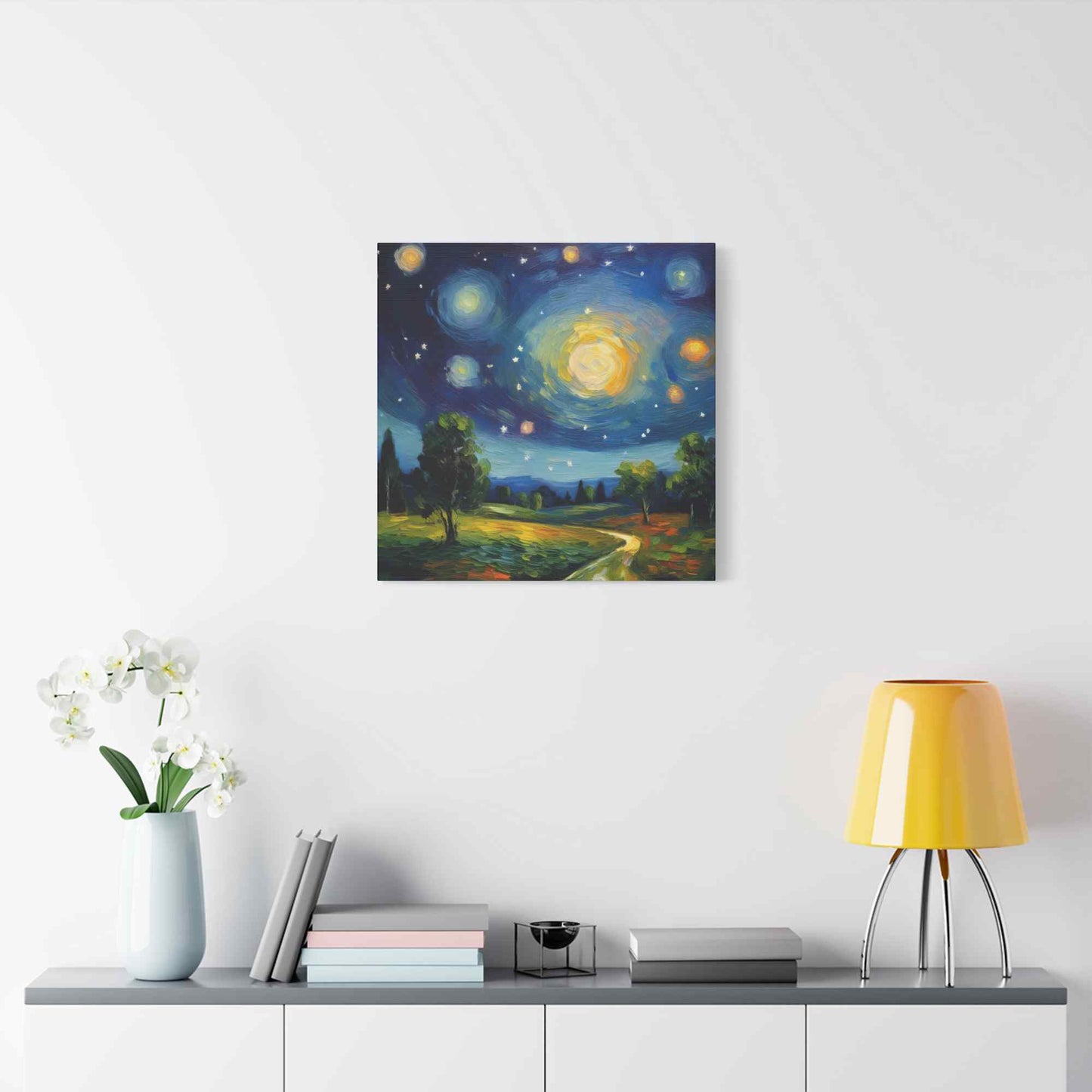 Starry Night Print Canvas, Oil Paint Print 20x20, 24x24, 30x30, 32x32, 36x36 Art Design Print Pine-Wood Inner Frame MC-40