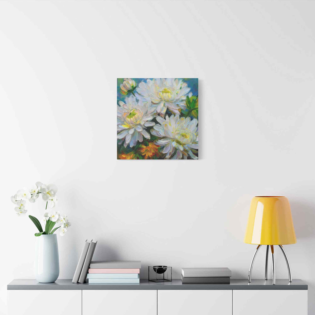 Chrysanthemums Print Canvas, Floral Oil Paint Print 20x20, 24x24, 30x30, 32x32, 36x36 Art Design Pine-Wood Inner Frame MC-161