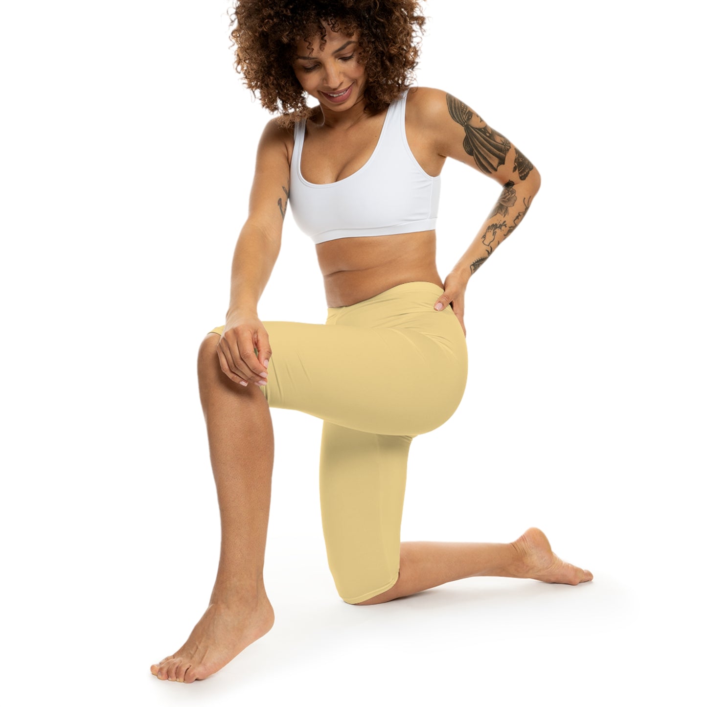 Fog Yellow Color Women's Brushed Suede Poly Span Casual Capri Leggings XS-2XL