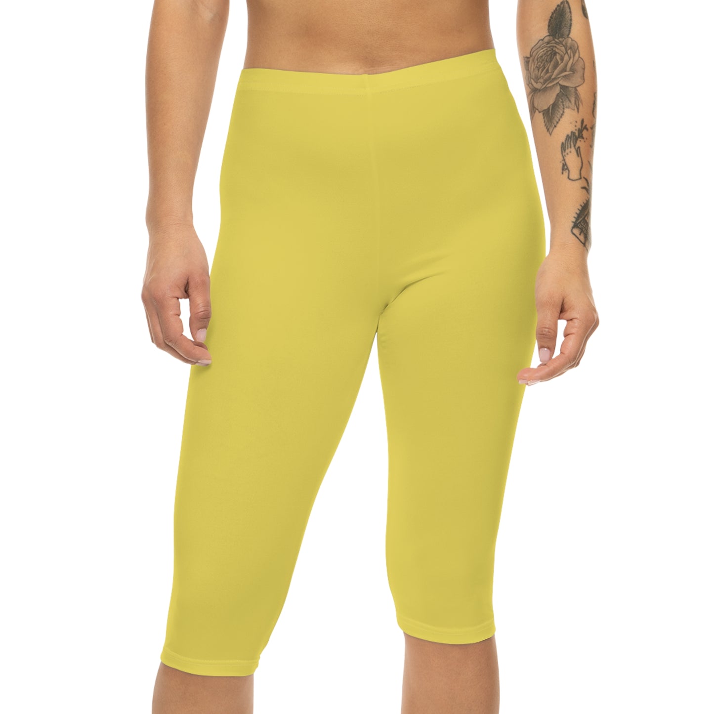 True Yellow Color Women's Brushed Suede Poly Span Casual Capri Leggings XS-2XL