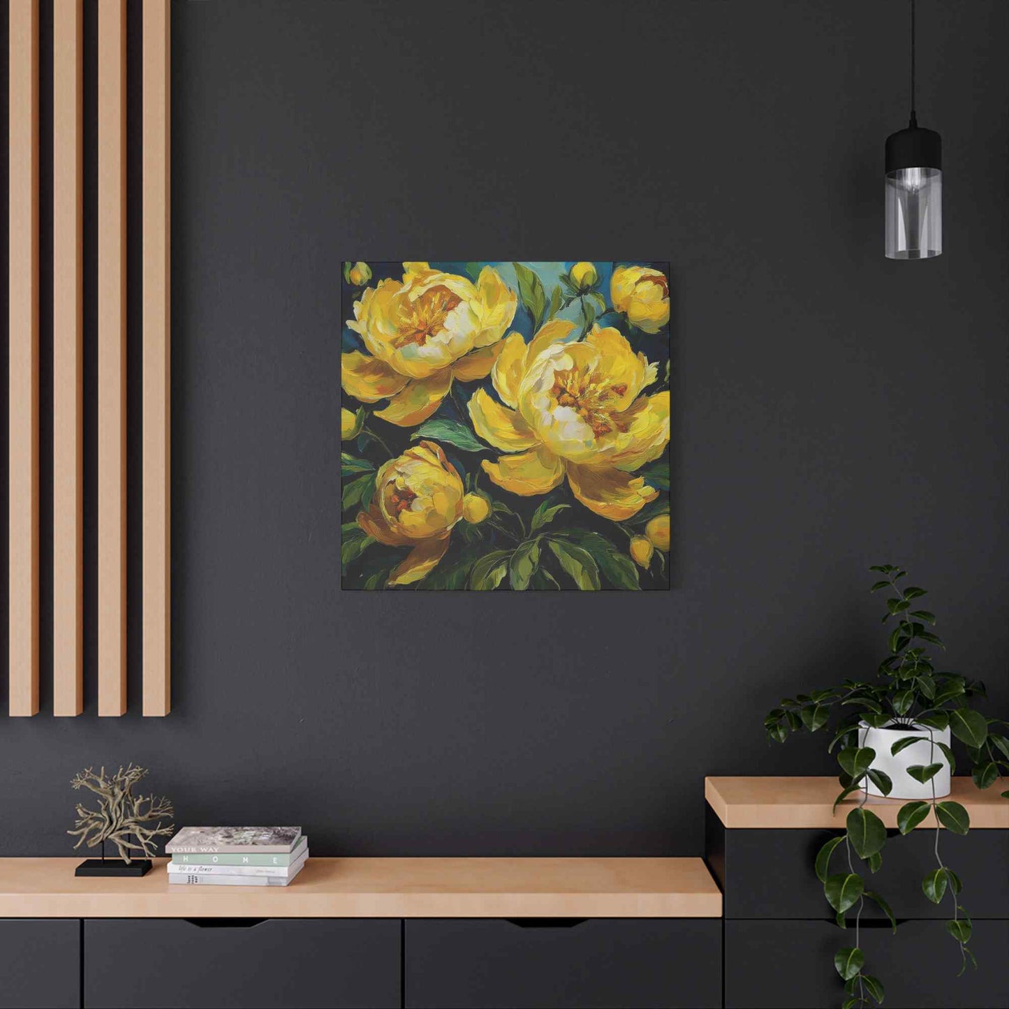 Yellow Peonies Print Canvas, Floral Oil Paint Print 20x20, 24x24, 30x30, 32x32, 36x36 Art Design Pine-Wood Inner Frame MC-121