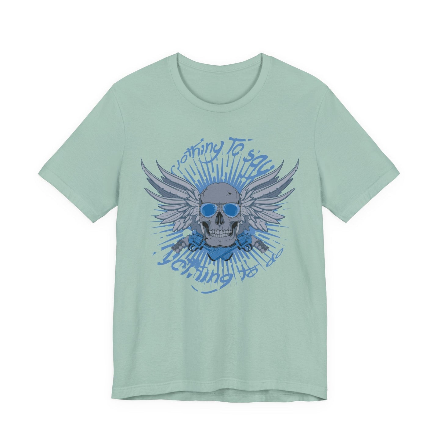 Winged Skull Graphic Tee | Blue Skull with Wings, Radiant Burst