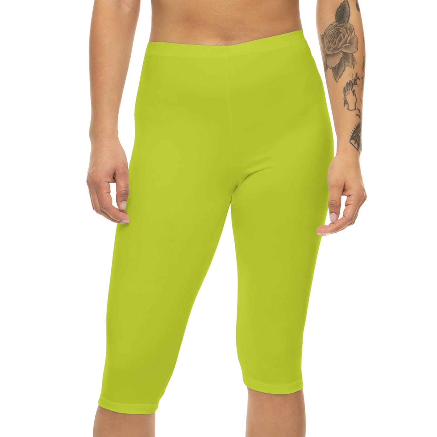 Bright Lime Color Women's Brushed Suede Poly Span Casual Capri Leggings XS-2XL