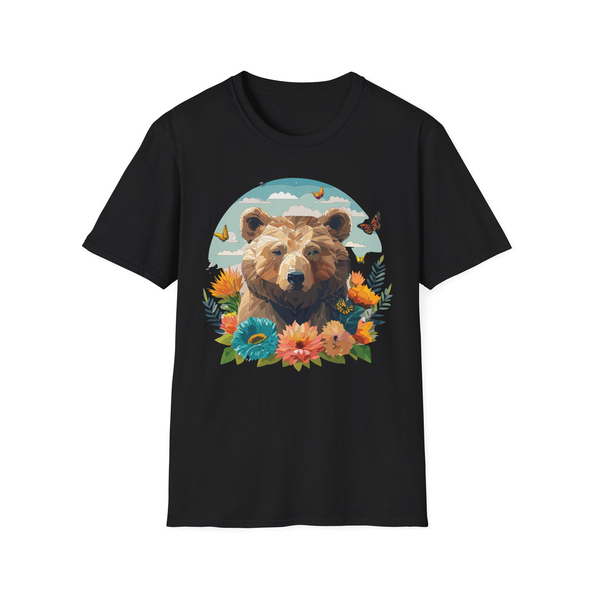 Brown Bear Illustration T-Shirt | Floral, Butterflies, Nature Scene Graphic Tee Unisex 100 Cotton Gildan T-Shirt