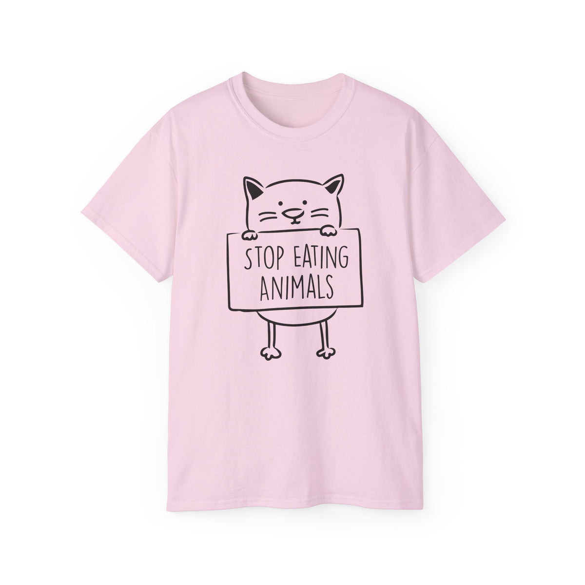 Cat Holding Sign Stop Eating Animals T-Shirt | Vegan Animal Rights Tee