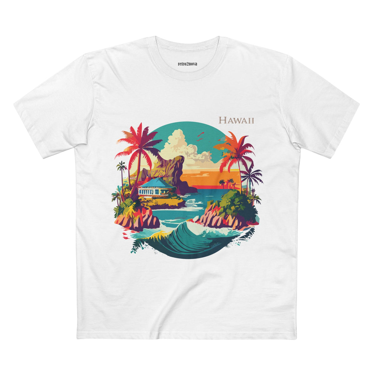 Hawaii Sunset Surf Scene T-Shirt | Tropical Beach Illustration