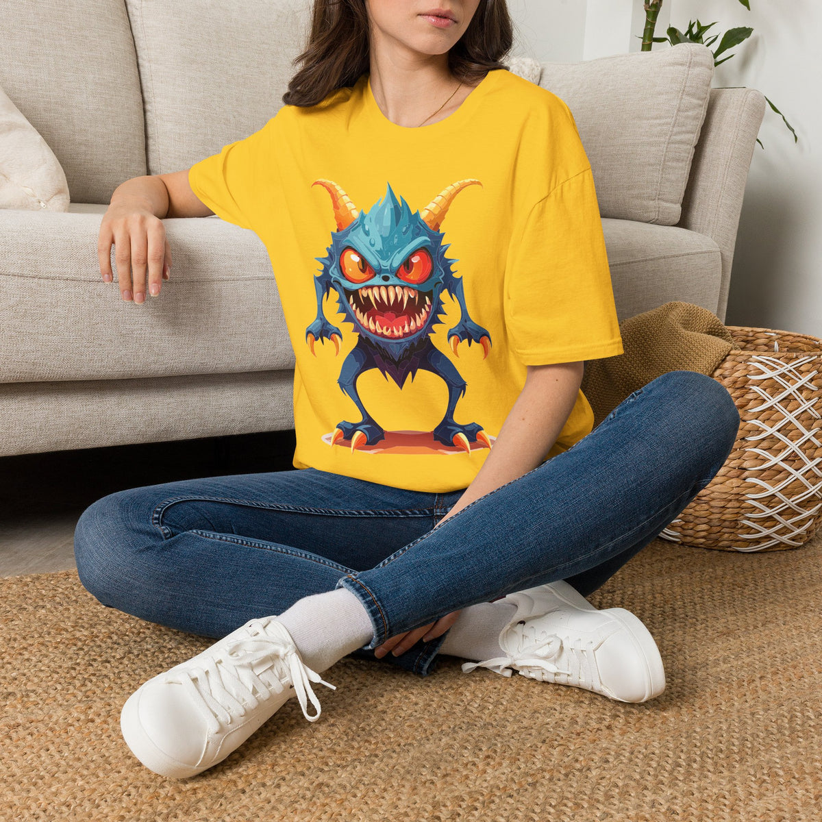 Monster Graphic T-Shirt — Cute Scary Blue Demon Tee for Halloween & Gamer Fans Cartoon Graphic Tee Unisex 100 Cotton Gildan T-Shirt