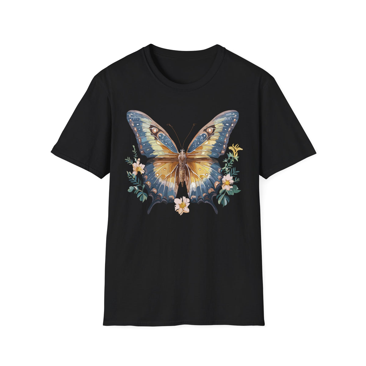 Golden Blue Butterfly T-Shirt | Botanical Accent Graphic Tee Unisex 100 Cotton Gildan T-Shirt