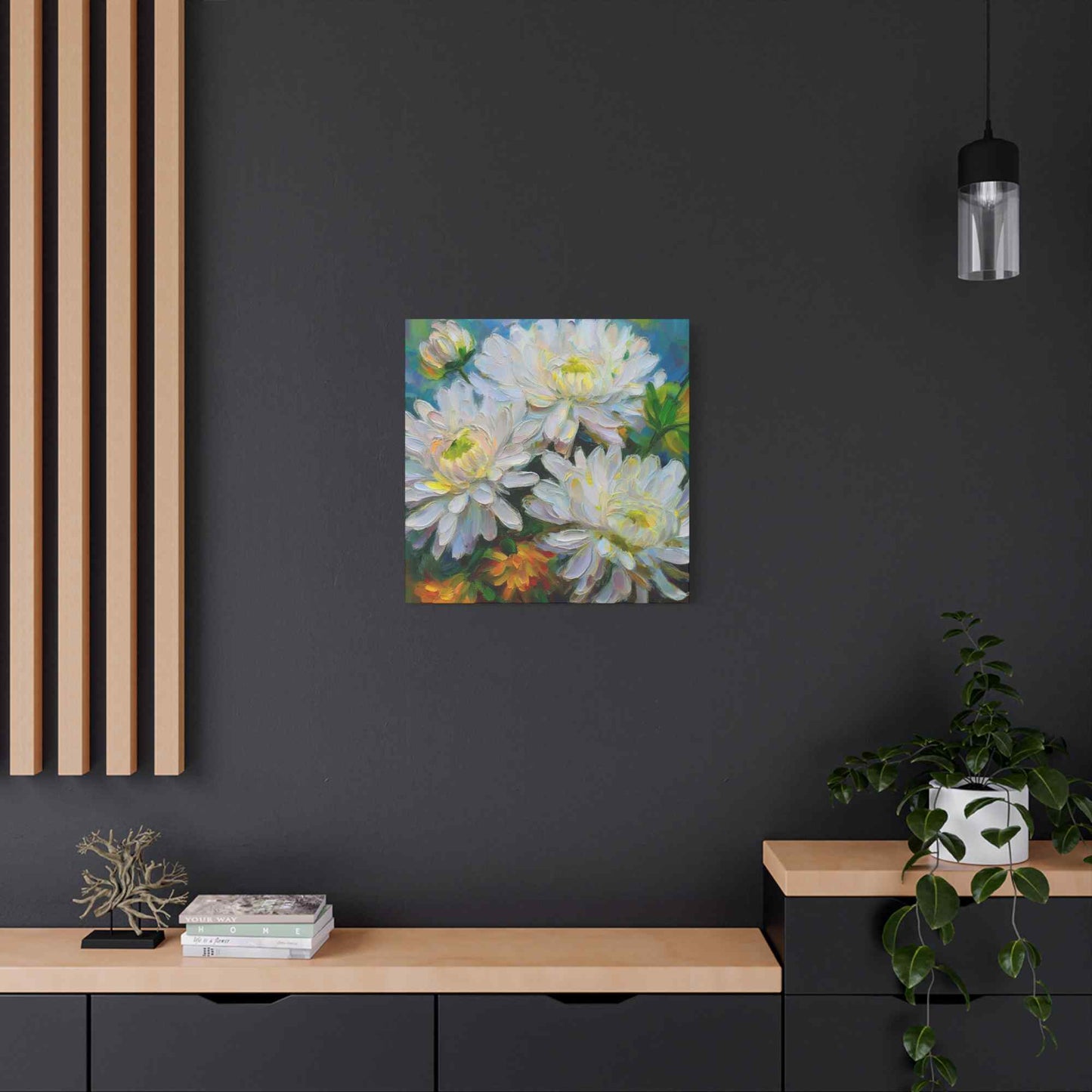 Chrysanthemums Print Canvas, Floral Oil Paint Print 20x20, 24x24, 30x30, 32x32, 36x36 Art Design Pine-Wood Inner Frame MC-161