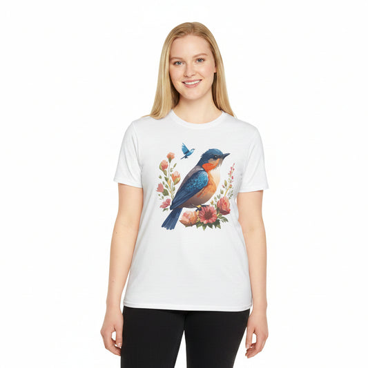 Bluebird Floral T-Shirt Colorful Bird Flowers Tee Unisex Cotton Short Sleeves Tee Shirt with Bird 9