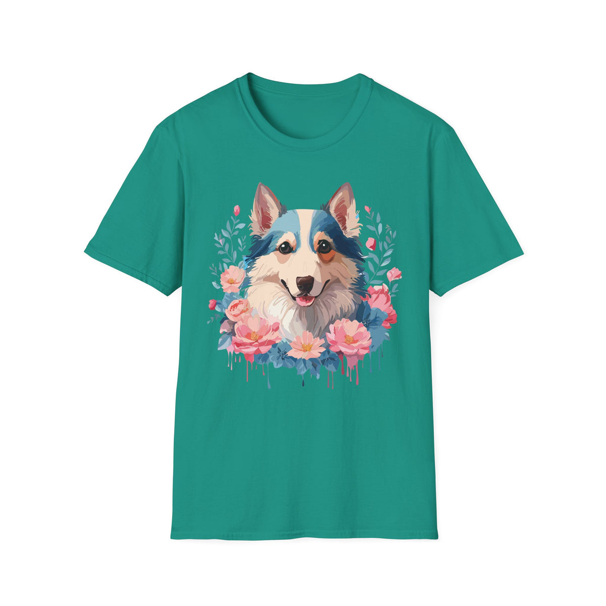 Floral Corgi Portrait T-Shirt | Dog Face Tee with Flowers
