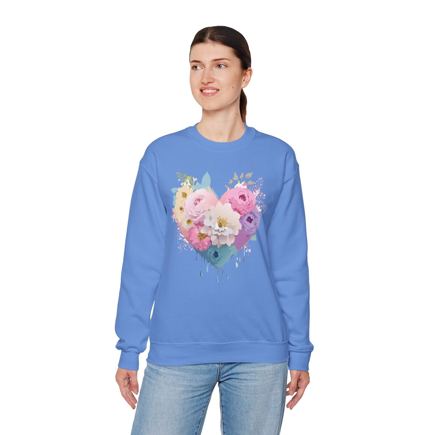 Floral Heart Unisex Crewneck Sweatshirt With Floral Love Valentines Day Design Premium Heavy Blend