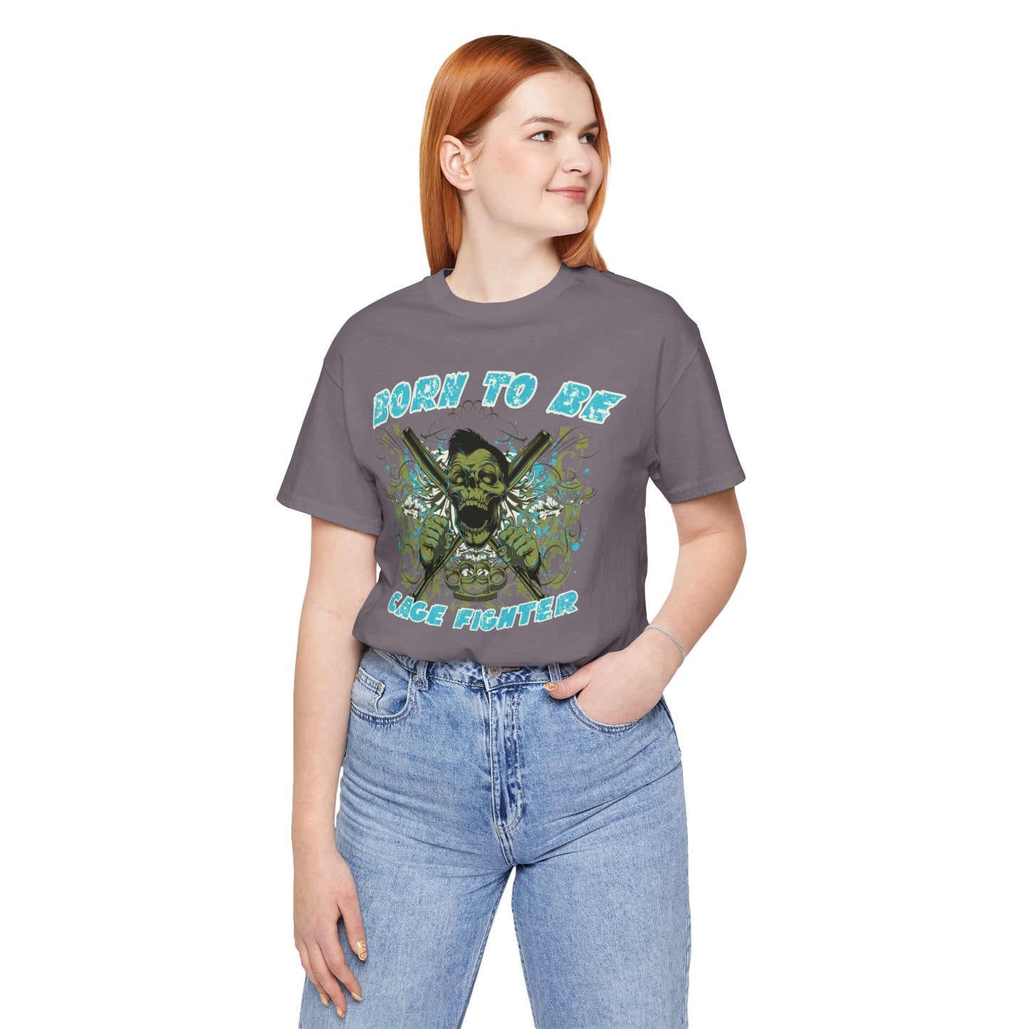 Born To Be Cage Fighter Tee Skull Crossed Knives Graphic T-Shirt