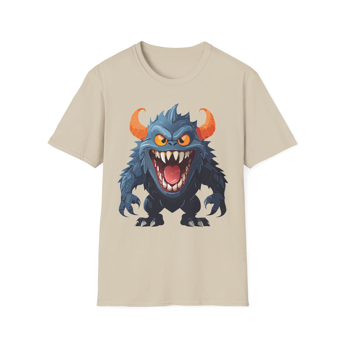 Monster Graphic T-Shirt — Fierce Blue Horned Creature Cartoon Graphic Tee Unisex 100 Cotton Gildan T-Shirt