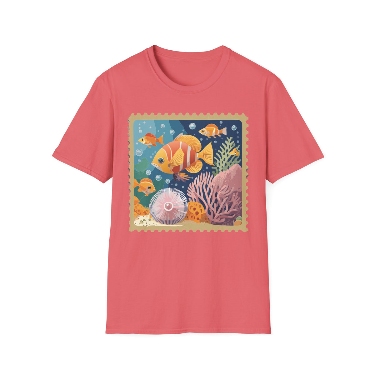 Tropical Clownfish Stamp Tee | Fish Reef Illustration Graphic Tee Unisex 100 Cotton Gildan T-Shirt