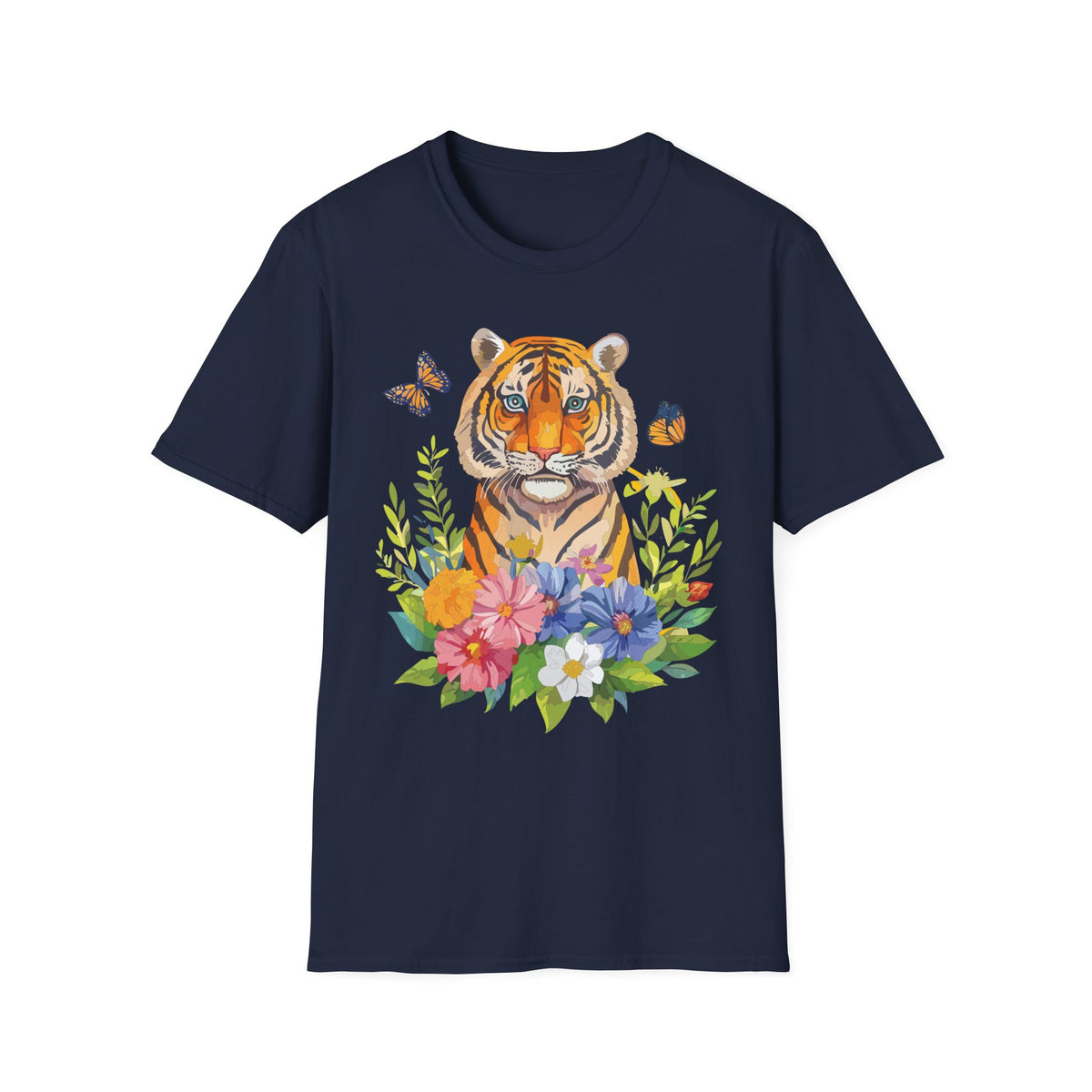 Tiger Portrait T-Shirt | Watercolor Tiger with Butterflies and Floral Accents Graphic Tee Unisex 100 Cotton Gildan T-Shirt
