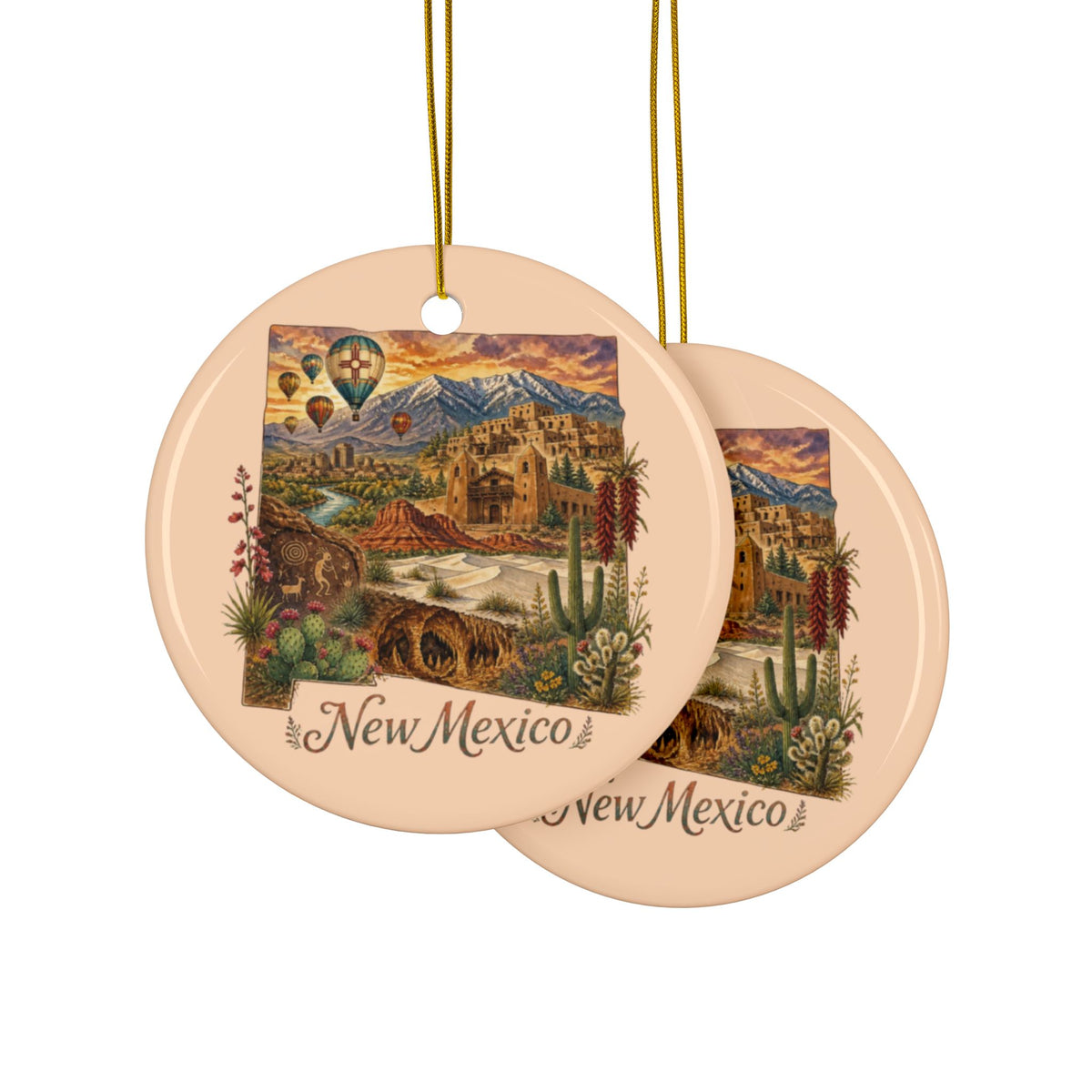 New Mexico State Illustration Ornament | Ceramic Ornament - 2.99" Includes Gold String