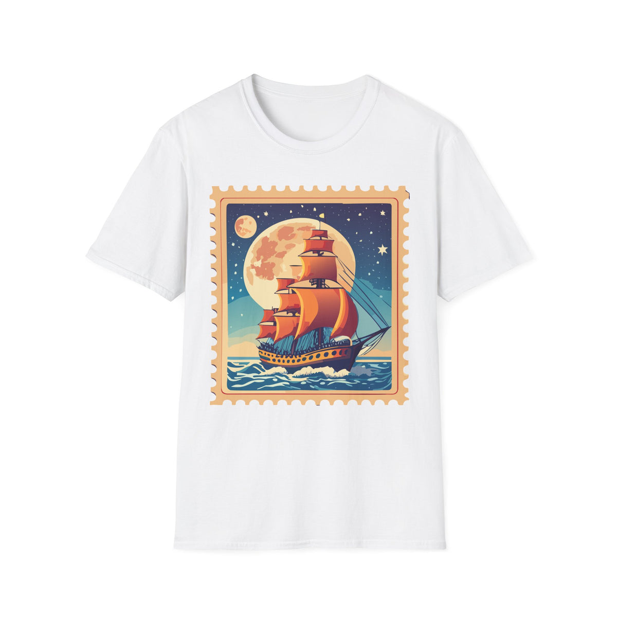 Vintage Sailing Ship T‑Shirt — Nautical Stamp Moonlight Travel Post Graphic Design Unisex 100 Cotton Gildan T-Shirt