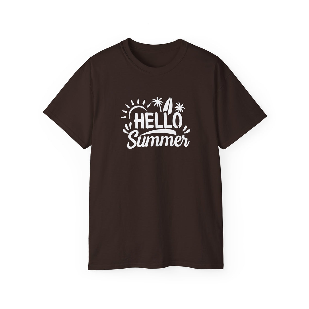 Hello Summer surfboard palm trees T-Shirt | Summer beach graphic tee