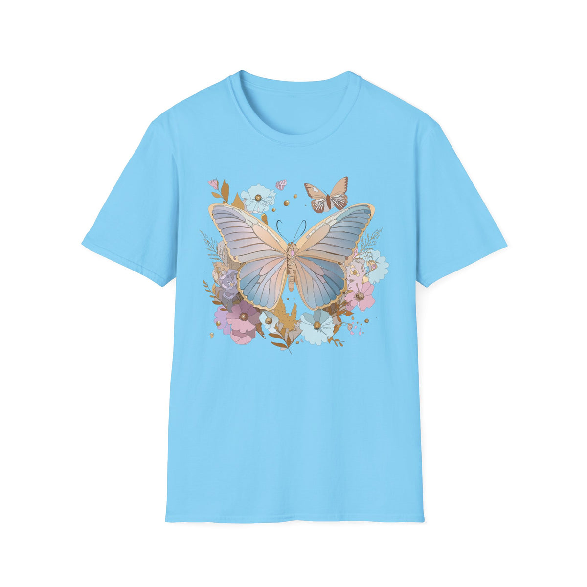 Butterfly Bloom T-Shirt — Pastel Floral Butterfly Graphic Design Unisex 100 Cotton Gildan T-Shirt