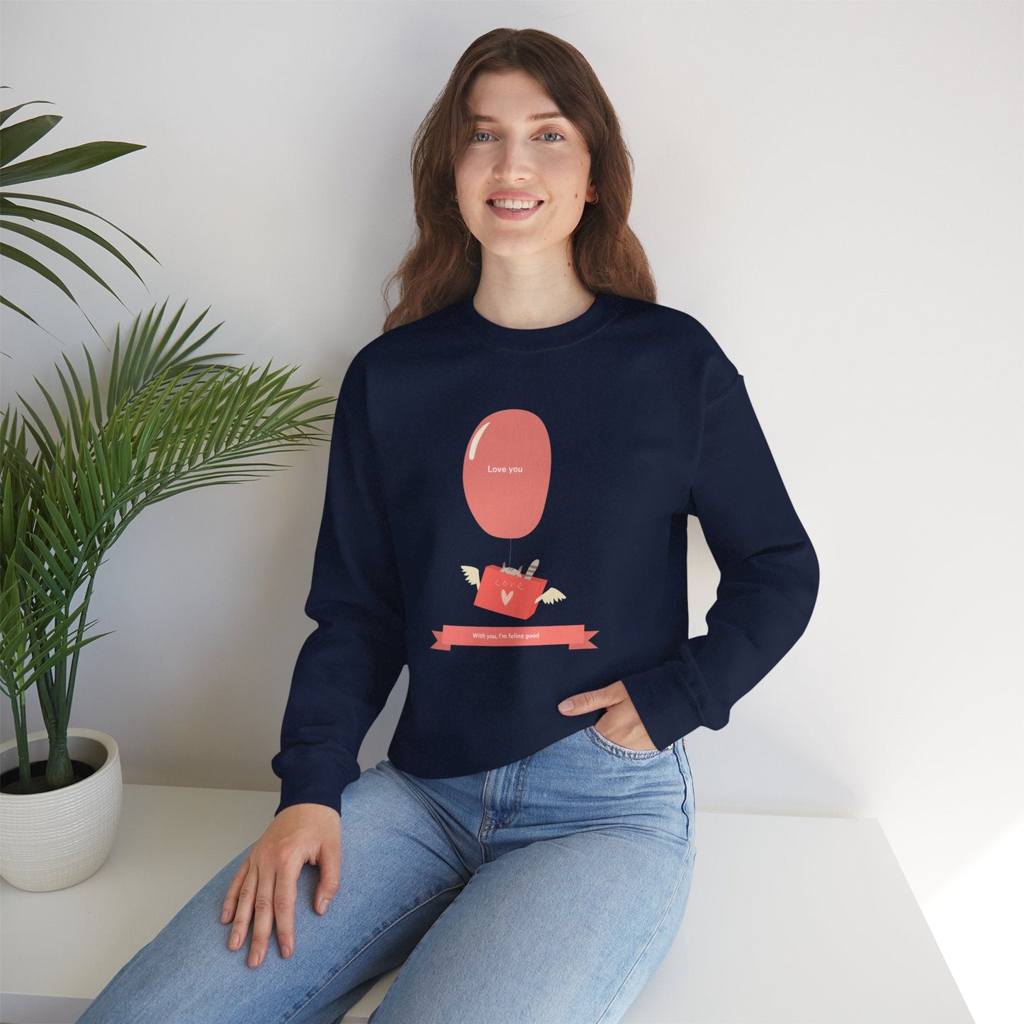 Cat Love Balloon Sweatshirt Unisex Fifty Fifty Cotton Poly Valentine Heavy Blend Crewneck Sweatshirt