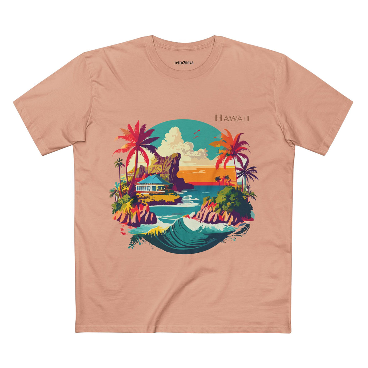 Hawaii Sunset Surf Scene T-Shirt | Tropical Beach Illustration