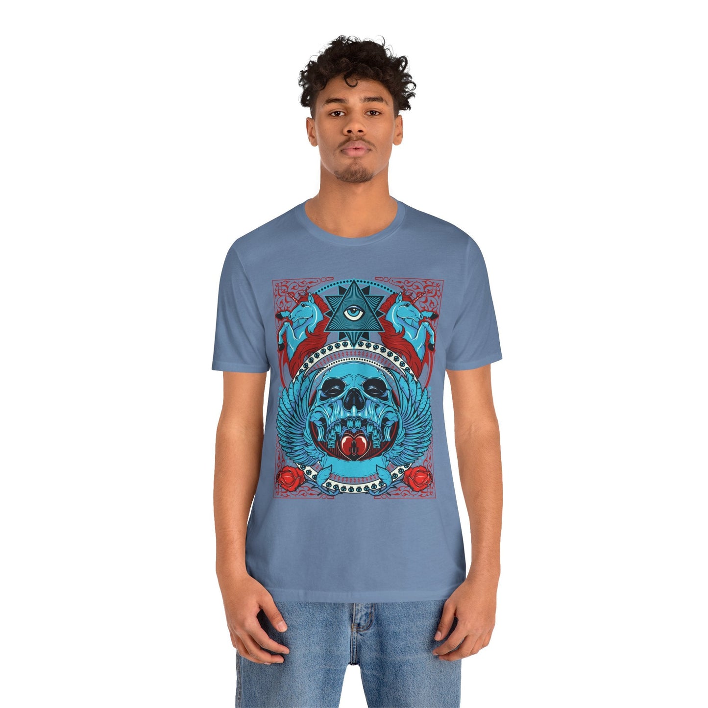 All-Seeing Skull Illustration Tee Winged Skull Third Eye Roses T-Shirt